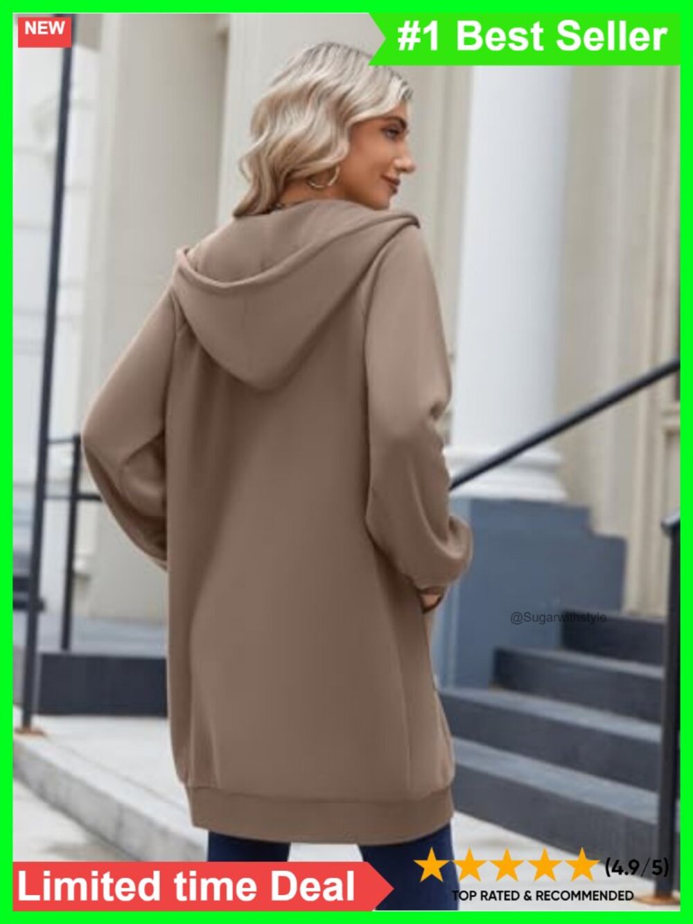 Women's Zip Up Hoodie Long Sleeve Tunic Sweatshirt Oversized - Picture 5 of 6